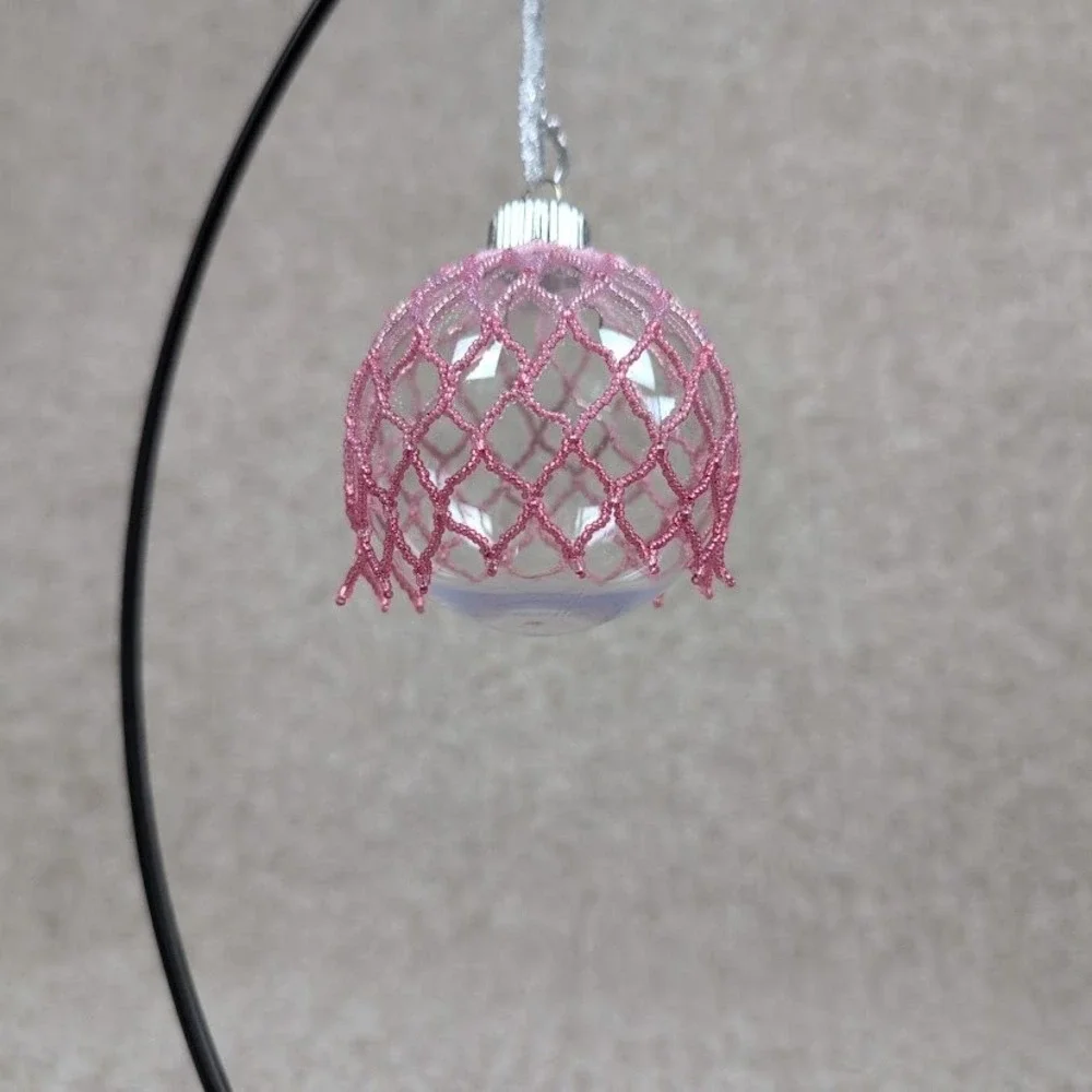 Hand Beaded Clear Plastic Christmas Ornament Pink Beaded Cover‎ Silver Cap